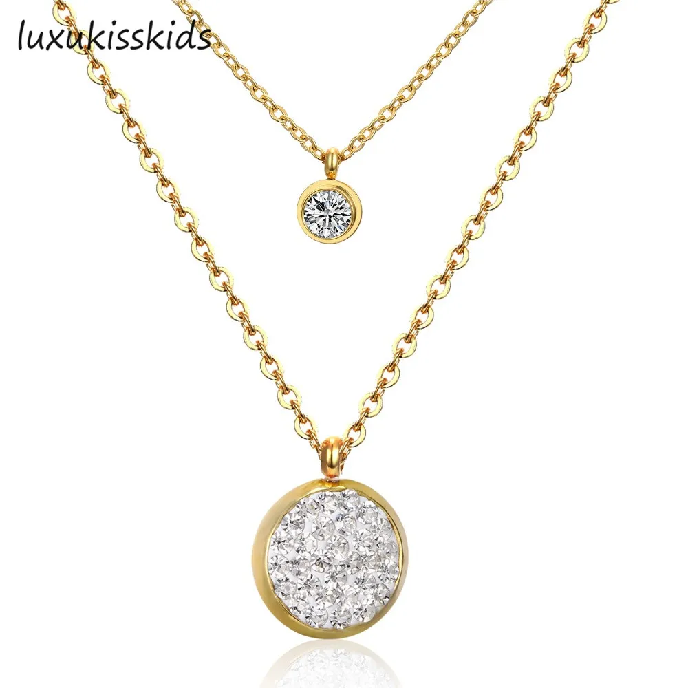 

LUXUKISSKIDS New Arrival Jewelry Necklace Romantic Moon Light Coin Pendant Paving CZ Double Chain Necklace Gold/ Silver Color