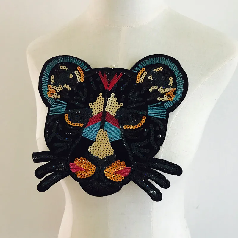 leopard applique large gold sequins tiger head sew on embroidered DIY patches Z