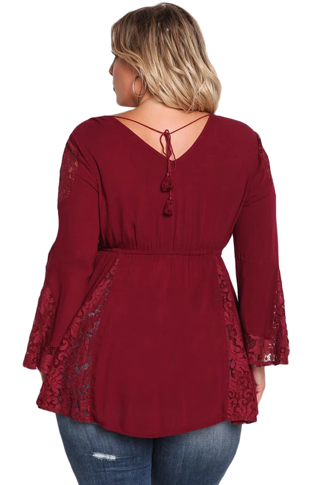 Burgundy-V-Neck-Lace-Insert-Bell-Sleeves-Babydoll-Plus-Top-LC250871-3-2