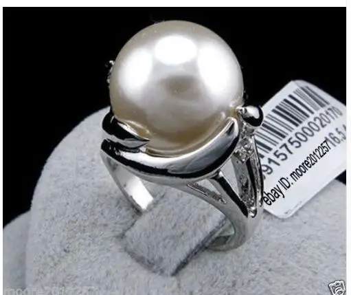 

cute lady's Women's huge 14mm round south sea white shell pearl ring (#6 7 8 9) Genuine Handmade Women Gift word 925 silver