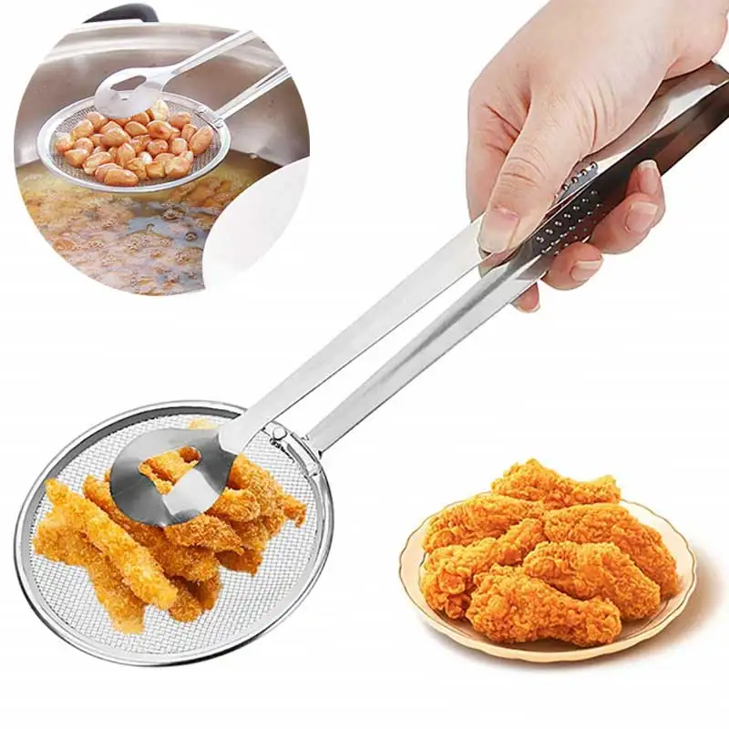 

Stainless Steel Multi-functional Filter Spoon With Food Clip Kitchen Oil-Frying Salad BBQ Filter Strainer Cooking Accessories