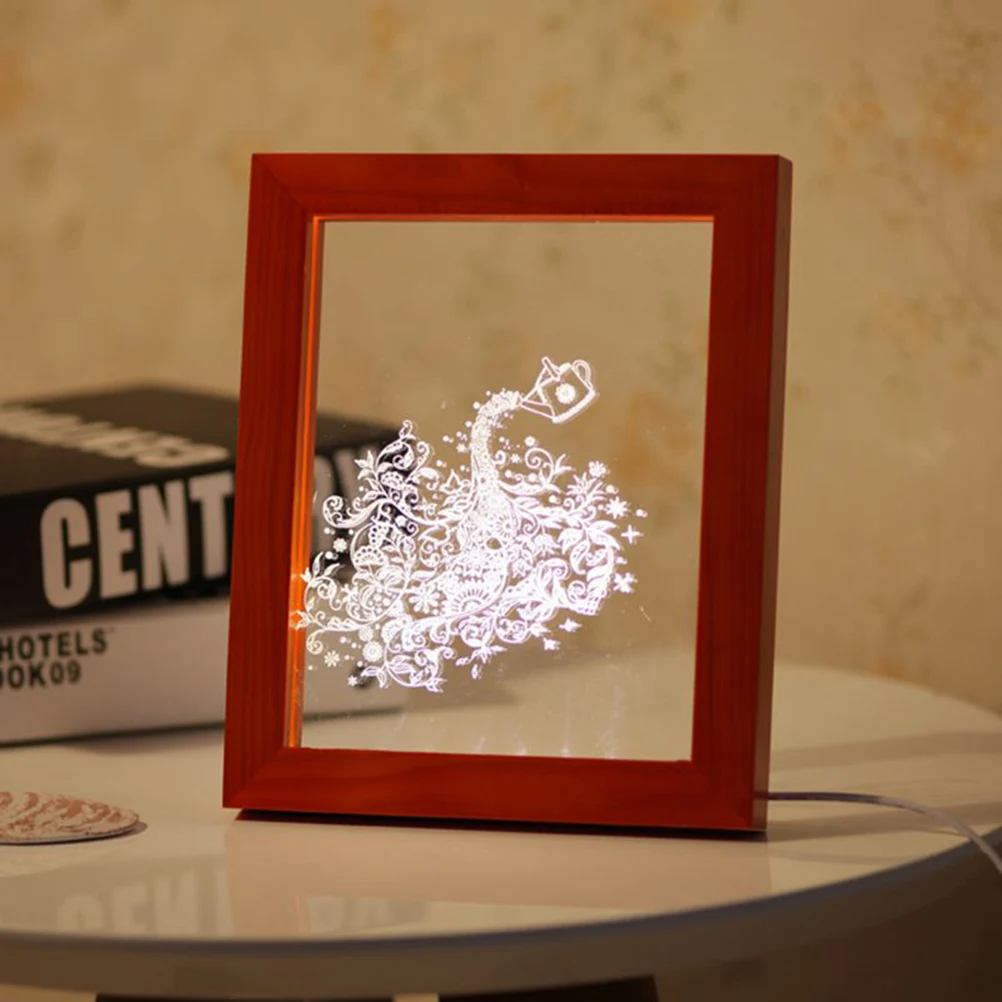 3D LED Light Wood Bird Picture Frame Desk Lamp Room Decoration USB