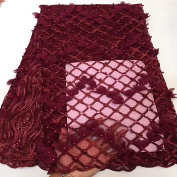 

African Beaded Lace Fabric 2018 High Quality Lace Material Wine French Lace Fabric Nigerian Tulle Mesh Lace Fabrics