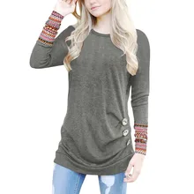 MODIS Топы женские с длинным рукавом свободные Кнопки топы со складками пэчворк круглый вырез Туника Harajuku футболка футболки кавай для женщин