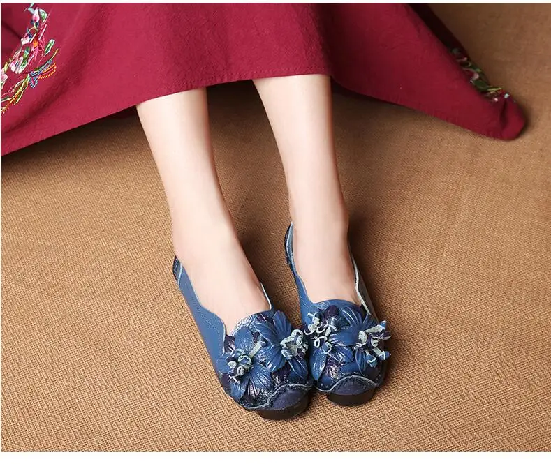 Новые Осенние цветы обувь ручной работы Для женщин Цветочный мягкие туфли на плоской подошве обувь с мягкой подошвой повседневные сандалии женские мокасины Пояса из натуральной кожи Обувь K22