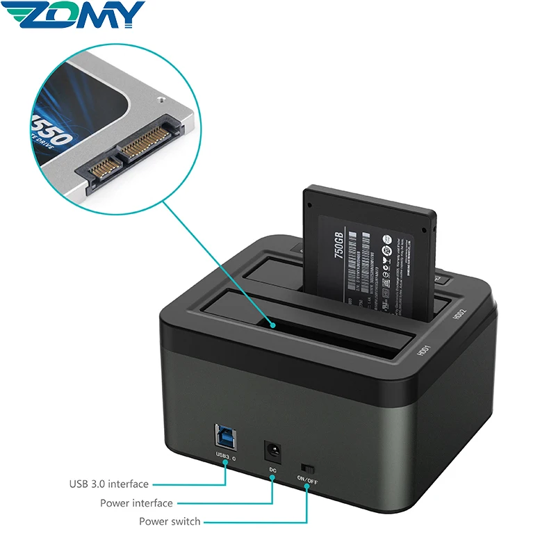도킹 스테이션 USB 3.0-SATA 2-베이 USB 3.0 HDD 어댑터 2.5 및 3.5 인치 SATA SSD 클론 지원, 2x8 TB SSD 복사기