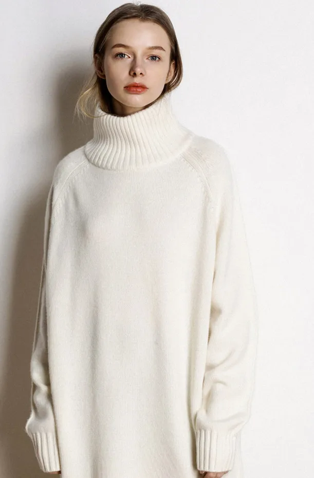 Осенний и зимний кашемировый свитер с высоким воротом, Женский Длинный свободный свитер, вязаная Нижняя юбка - Цвет: white