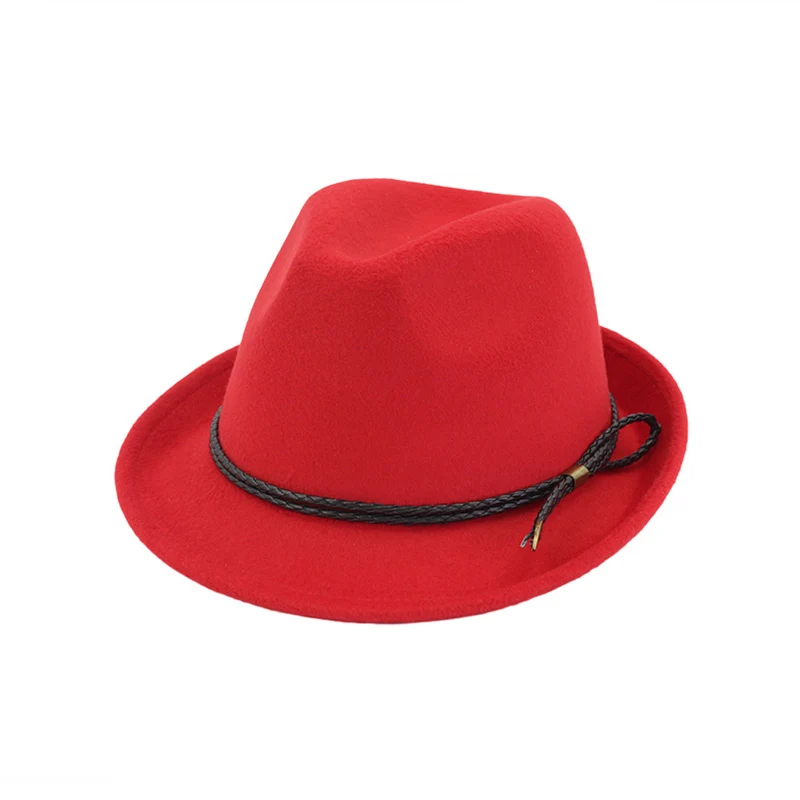 Британский Ретро ролл с узкими полями шерсть фетровая Федора головные уборы для мужчин и женщин тренд Европейский США мягкая фетровая шляпа в джазовом стиле шляпа с веревкой украшение GH-312 - Цвет: Красный