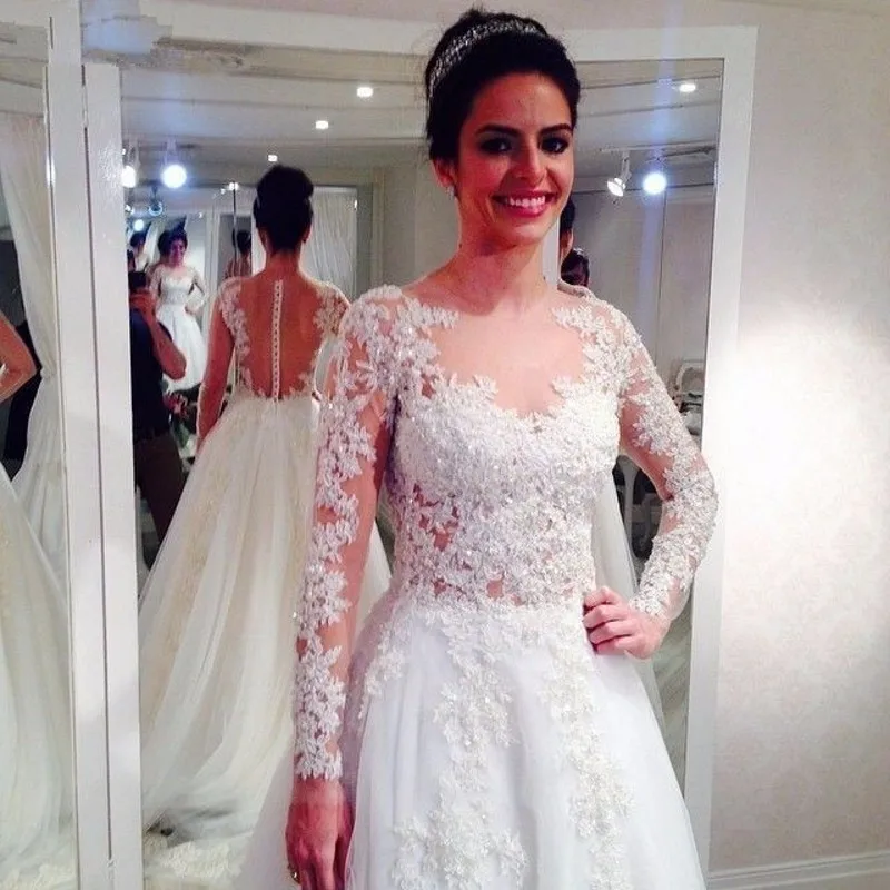 Vestido-De-Noiva-2019-Long-Sleeves-Wedding-Dress-Lace-Appliques-Bridal-Gowns-Sheer-O-Neck-A (2)