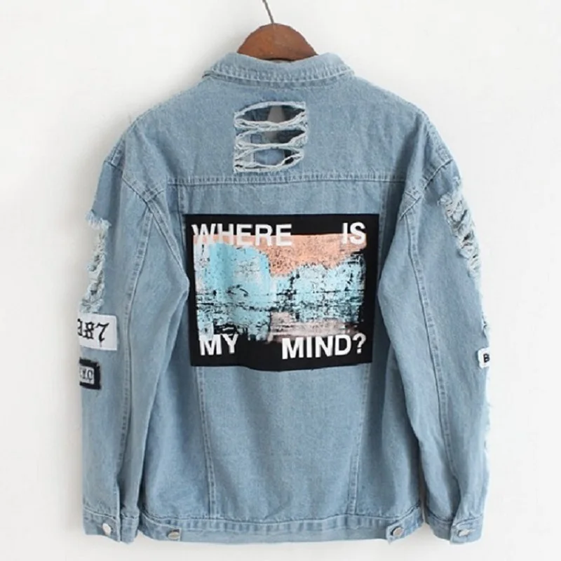 

NEW Spring Autumn Appliques Print Jacket Women Frayed Denim Bomber Jacket Chaqueta Mujer Fashion Denim Jacket Jaqueta Feminina