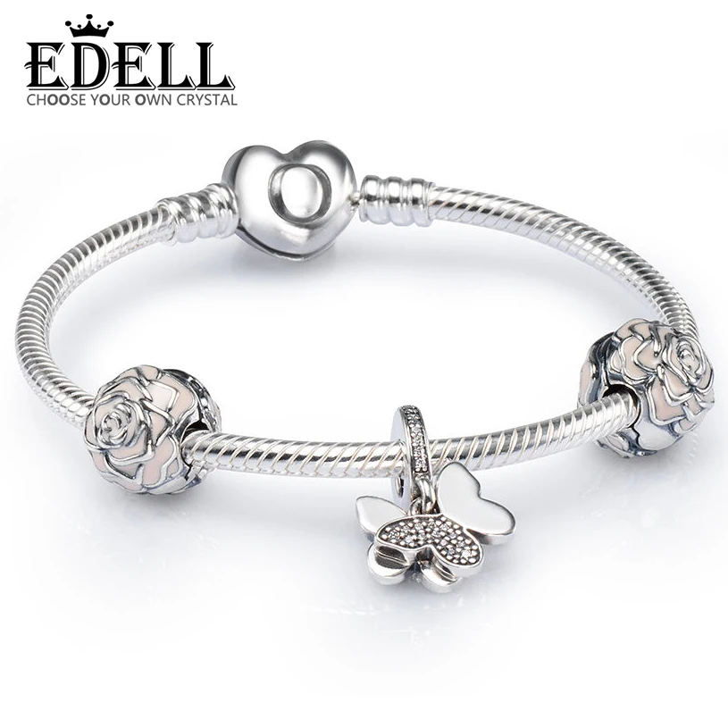 

EDELL 100% 925 Brand-new 1:1 Charm Elegant Charming Butterfly and Rose Bracelet Set Factory Direct Fit DIY Gift