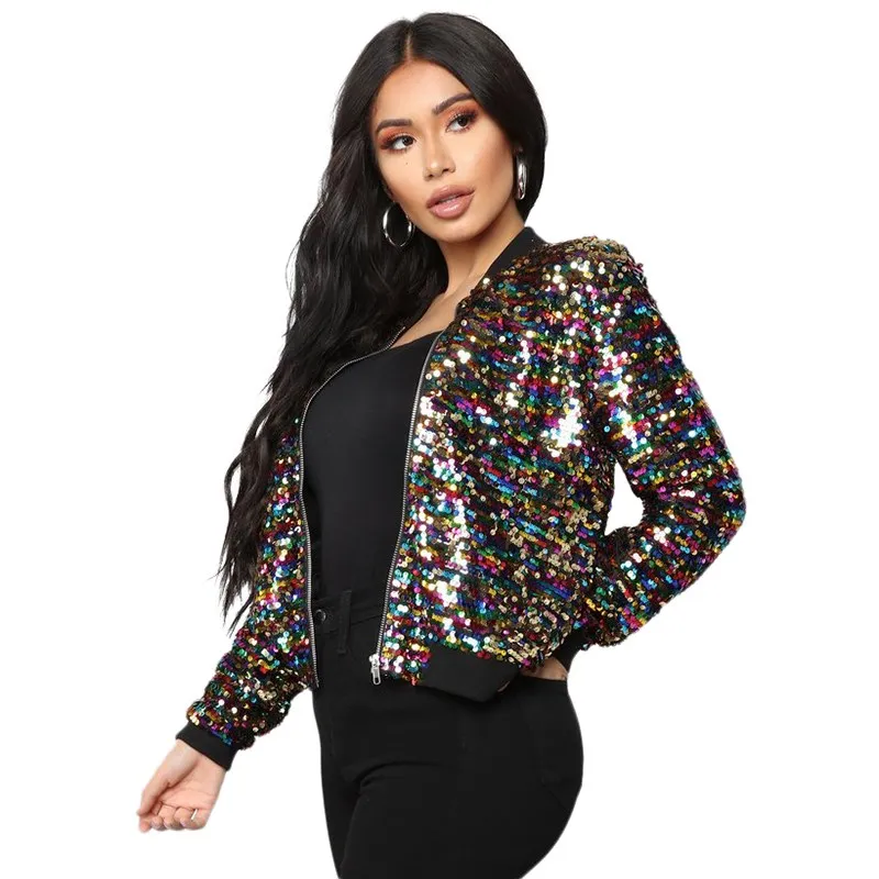 

2019 Women Colorful Sequin Basic Jackets Casual Bling Bling Glitter Coat Cool Street Long Sleeve Bomber Jacket
