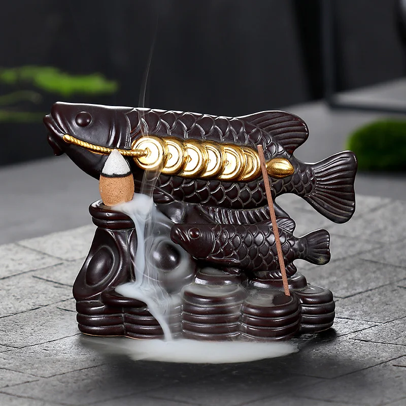 Solicit Wealth Double Fish Backflow Incense Burner Ceramic Cone Censer