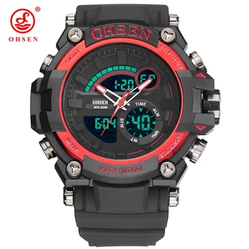 

OHSEN Digital Quartz Red Fashion Men Outdoor Sport Wristwatch relogio masculino Big Dial Rubber Strap Army Male Watch Stopwatch