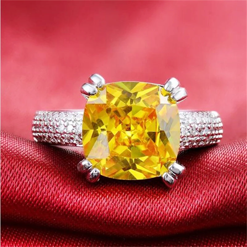 

YANHUI Luxury Big 10mm 4 Carat Yellow Sona CZ Stone Crystal Ring 925 Sterling Silver Wedding Rings Gift Party Jewelry For Women