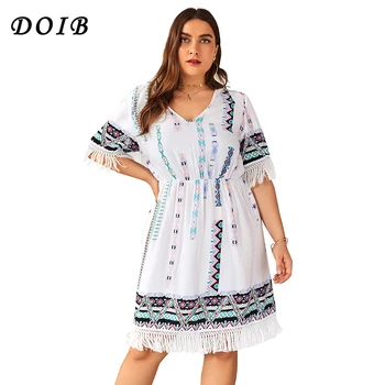 

DOIB Plus Size Dress Tassel Short Sleeve V Neck Cotton Bodycon Dress XL 2XL 3XL 4XL