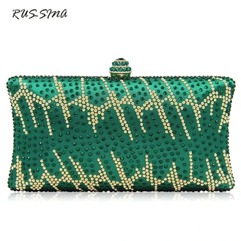 

RUSSMA 2018 Spring New Fashion Women Satin Day Clutch Diamond Evening Bag Solid Minaudiere Metal Chain Wedding Dinner Bag YNT031