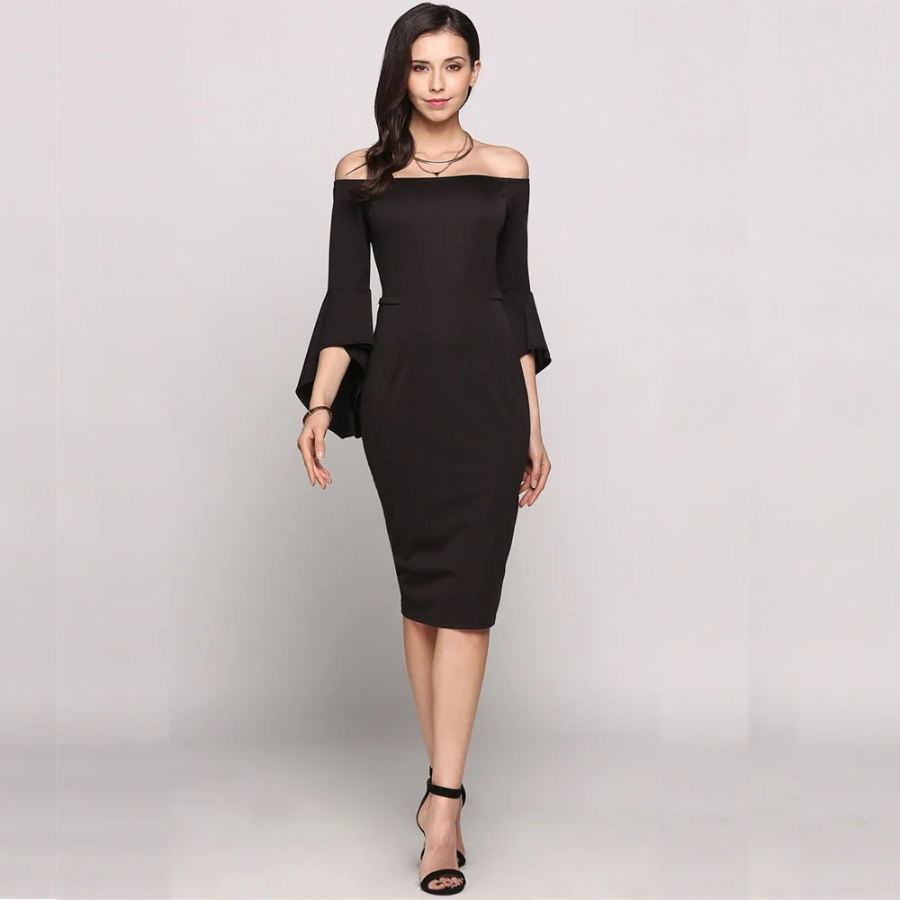 2017 Women Off The Shoulder 3/4 Asymmetrical Flare Sleeve Solid Bodycon Going Out Dress | Женская одежда