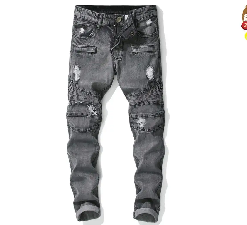Men Casual Vintage Holes Rivet Cotton Classic Ripped Denim Jeans Gray