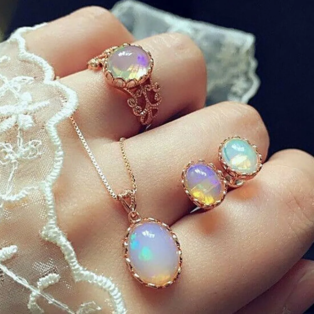 

Vintage Opal Jewelry Sets For Woman Pendant Necklaces Choker Water Drop Earrings & Ring Gold Color Bohemia Wedding Jewelry Gifts