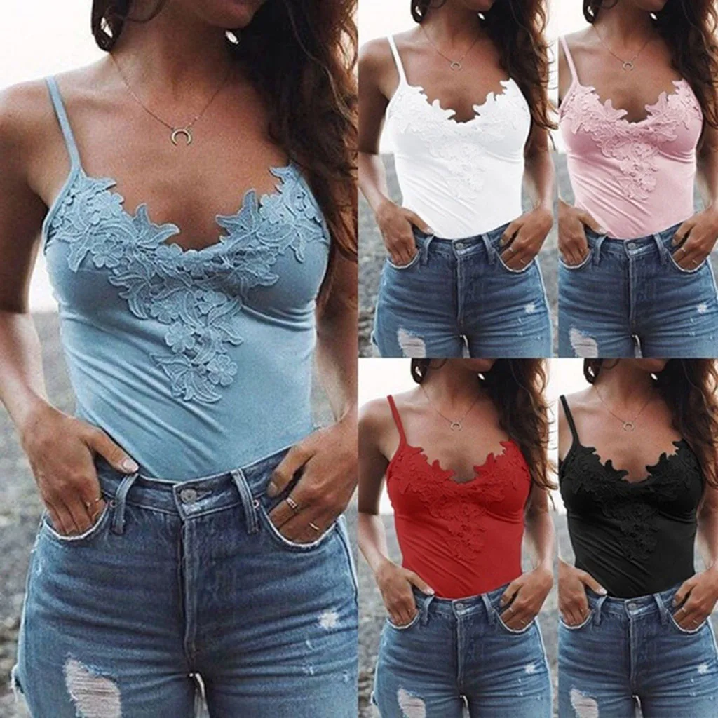

2019Top Women's Fashion Sexy Sleeveless Lace Patchwork Tank Tops Beach Wear Blouse female T-shirt