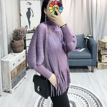 

Folded tassel long sleeve blouse women 2019 summer new size Batmobile shirt high collar T-shirt pleated