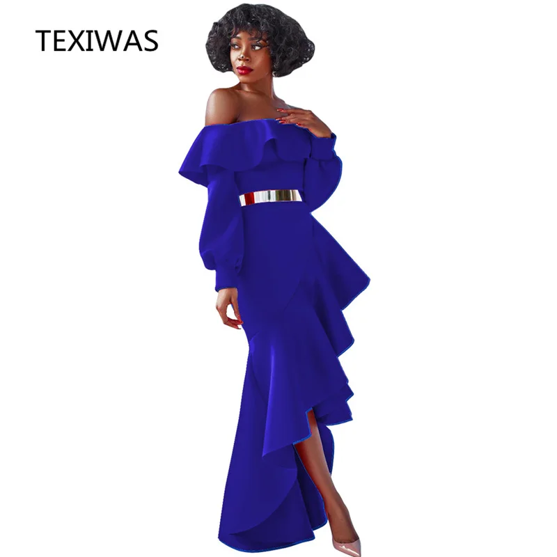 

TEXIWAS 2018 irregular ruffled asymmetry dress Runway Desinger Sexy Women off Shoulder Bodycon Fashion Spring Novelty Dresses