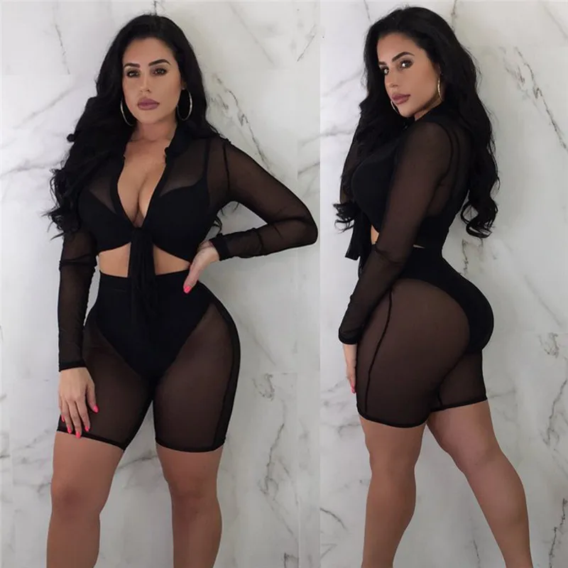 

Women 2 pcs matching set Long Sleeve See-Through Mesh Fishnet Crop Top T-Shirt front knot bandage top and Shorts Set