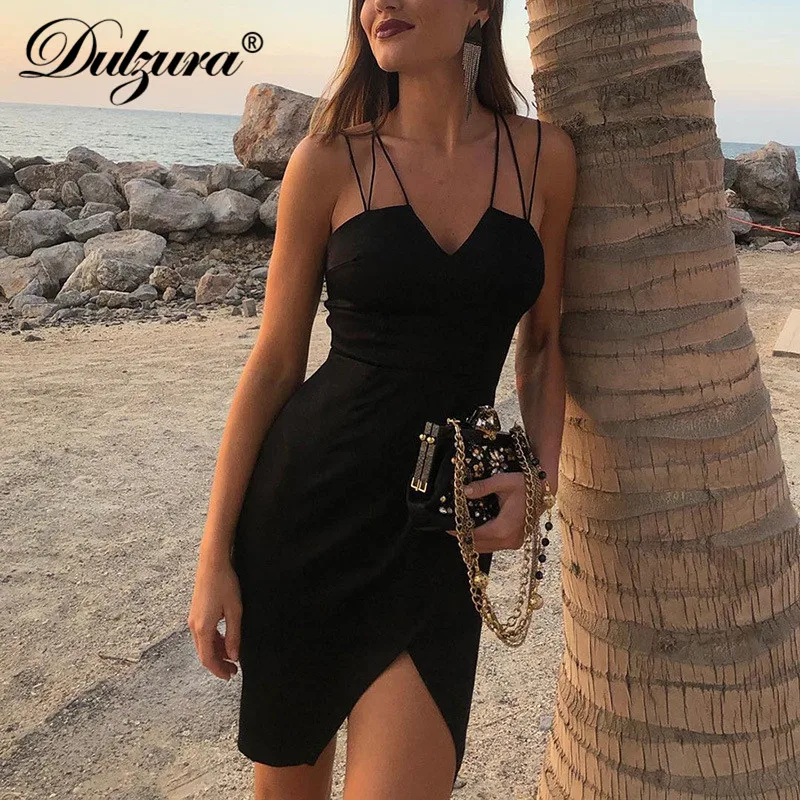 

Dulzura 2019 summer women dress backless v neck black cross sexy vestidos strap slit party dress festival club office elegant