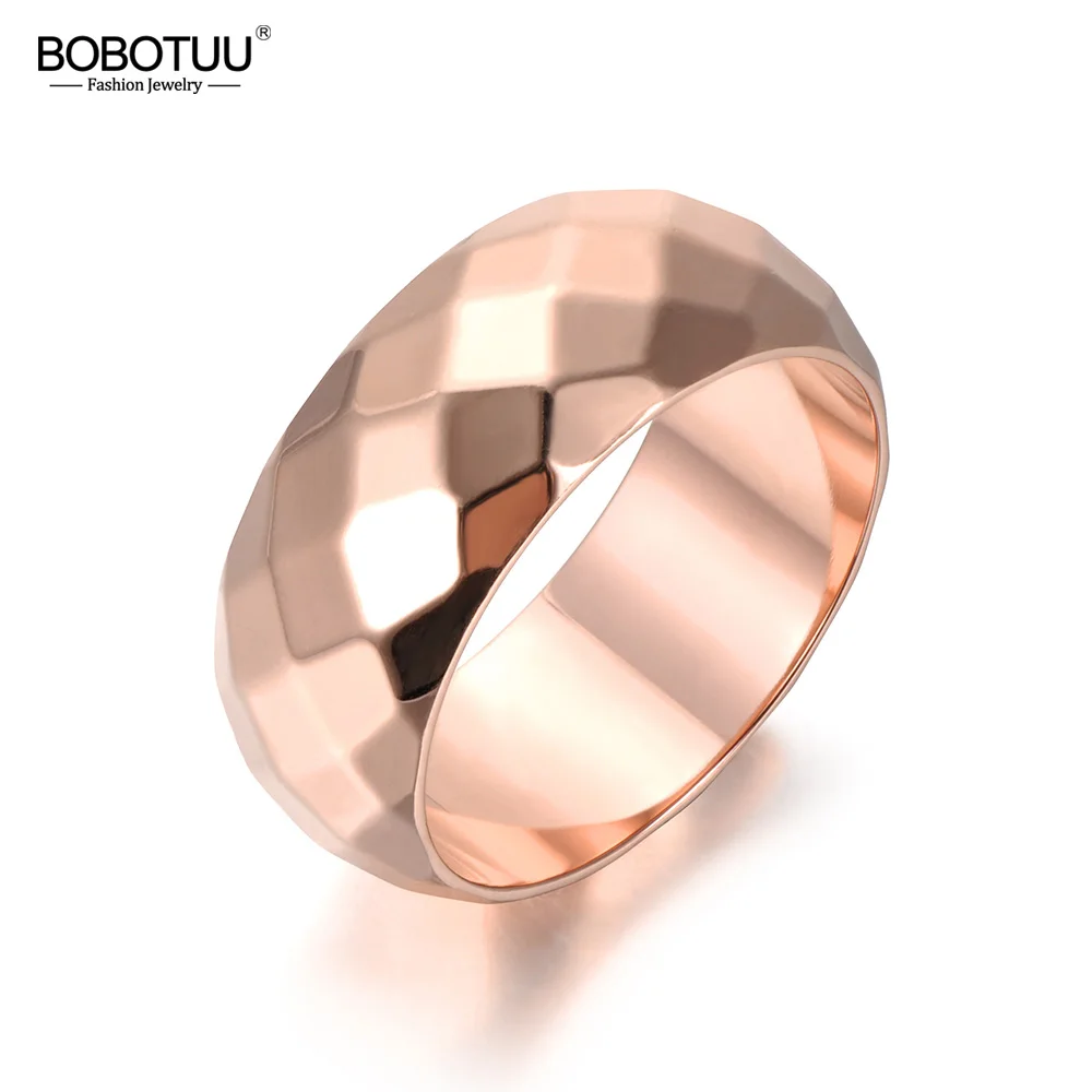 

BOBOTUU Simple Titanium Stainless Steel Ring For Women 8mm Cut Face Fashion Wide Ring Wedding Engagement Rings Jewelry BR18041