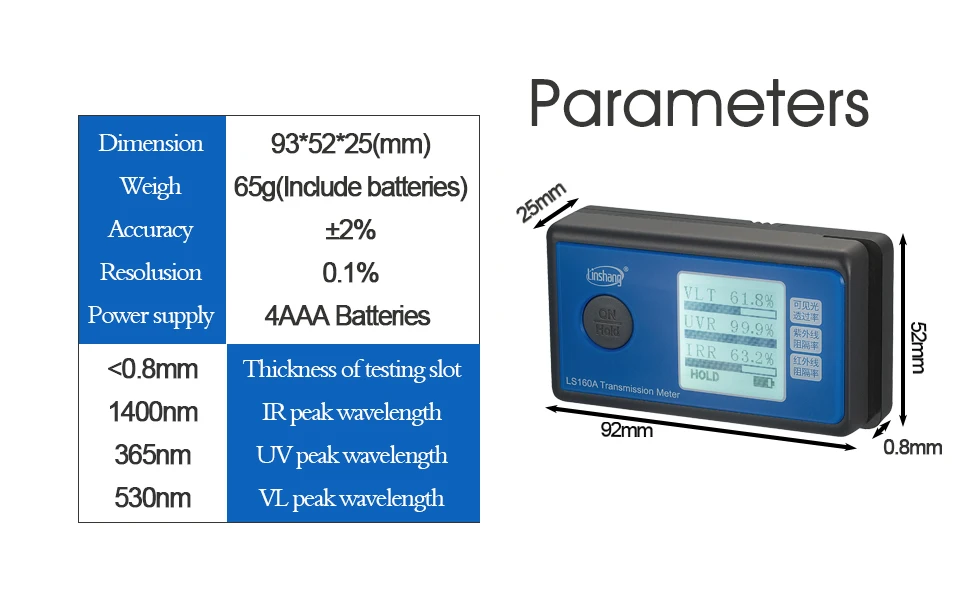 LS160A Солнечная пленка трансмиссионный светильник измеритель пропускания УФ ИК отторжение метр окно тестер тонировки