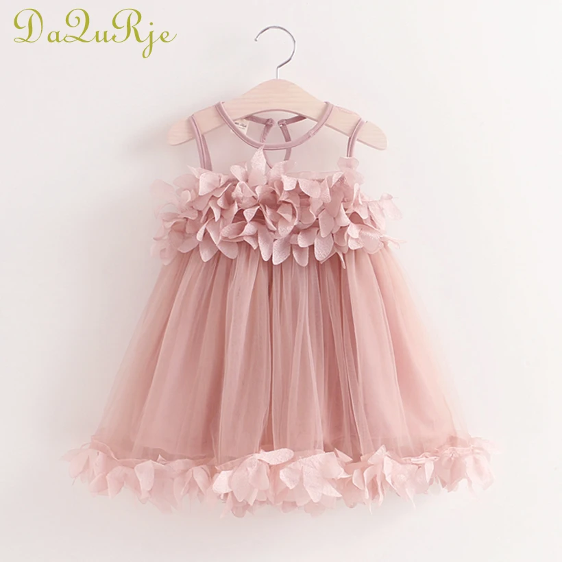 

Summer 2017 Girls Dress Fashion Sleeveless Mesh Vest Baby Girl Princess Dress Petal Decoration Wedding Party Chlidren Clothes