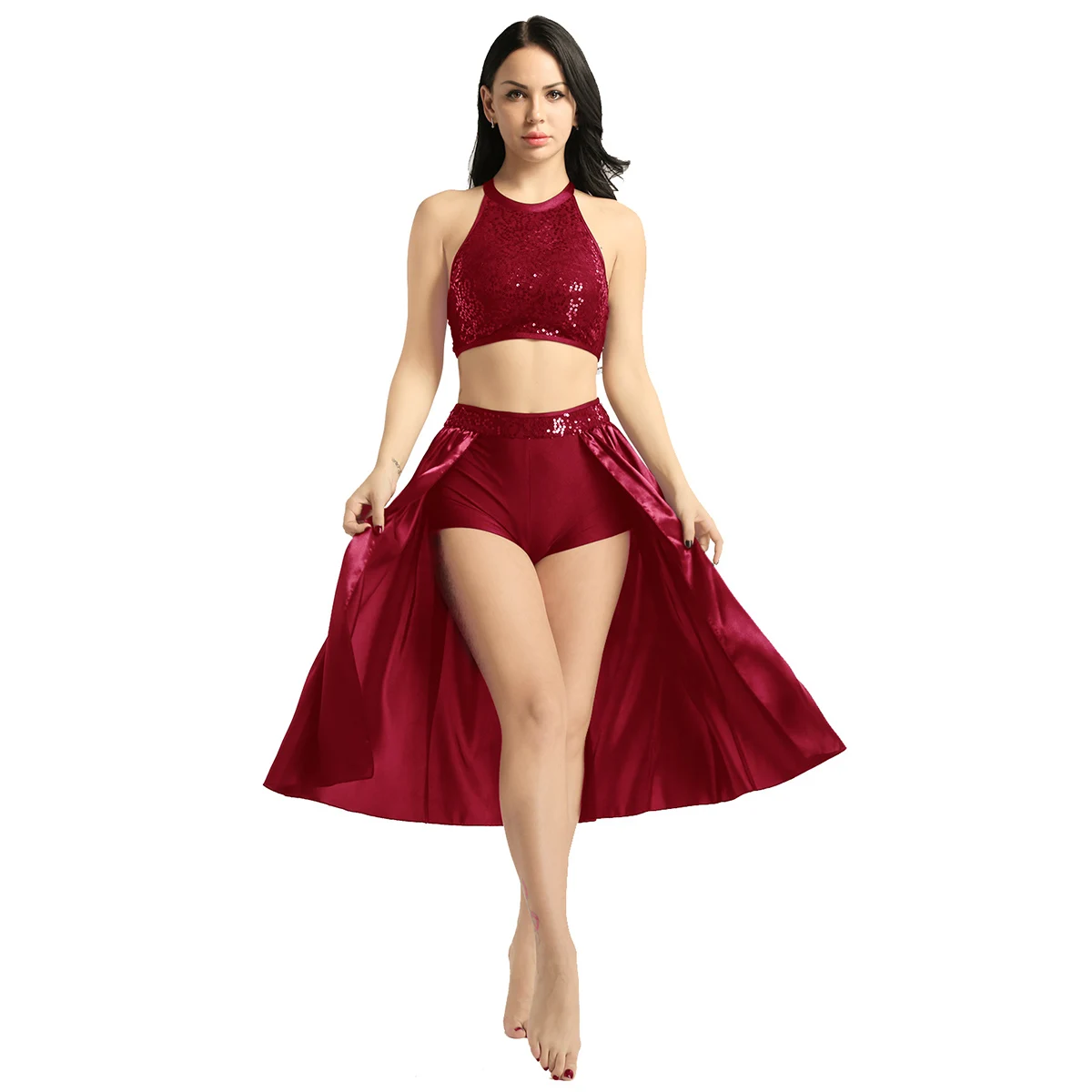 TiaoBug Women Ballet Dress Sequin Halter Crop Top with Built-In Leotard Skirt Set Adult Stage Competition Lyrical Dance Costumes - Цвет: Wine Red