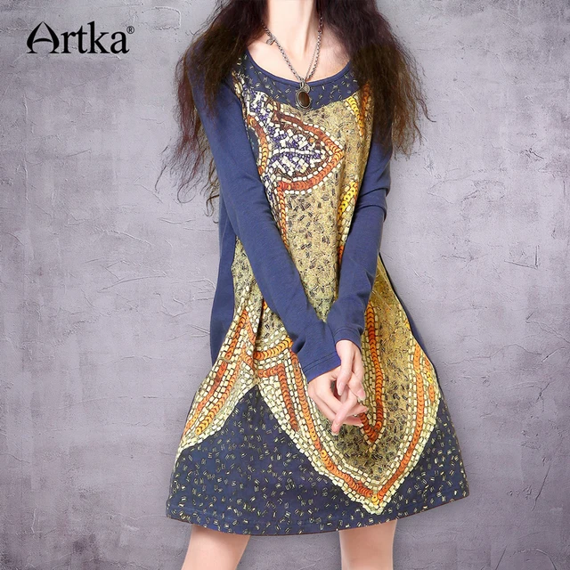 Artka 2016 женская ретро новая коллекция весенней одежды с среднем рукавом высококачественная широкая этническая набивная удобная блузка A08995