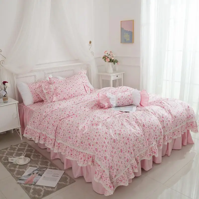 Комплект постельного белья с фиолетовыми и розовыми цветами, с принтом, двойной, королева, король размер, Комплект постельного белья, ультра мягкий, с оборками, пододеяльник, постельное белье, юбка - Цвет: Color 2