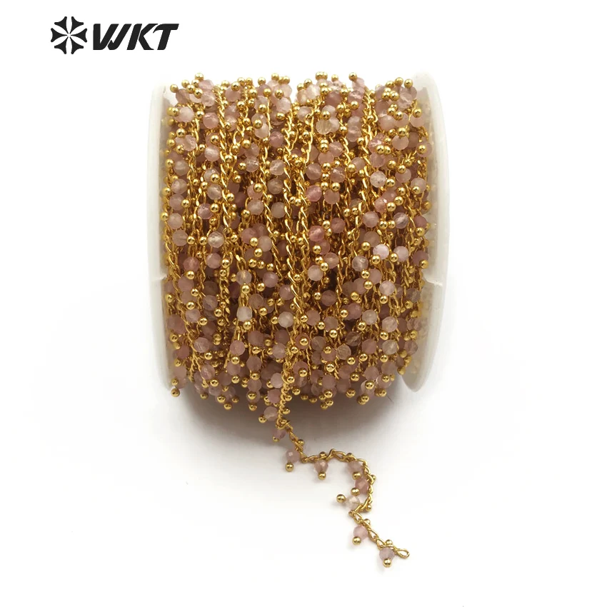 

WT-RBC089 Beautiful Pink Color Quartz Handmade Rosary Chain Sold By Meter Healing Crystal Beaded Chain For Jewelry Making