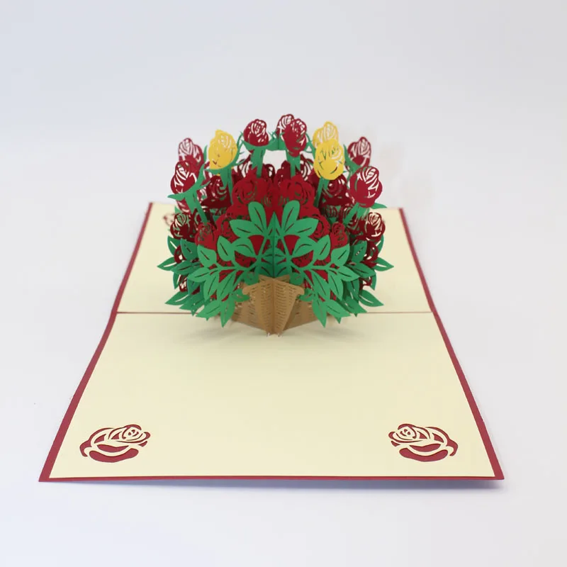  3D Laser Cut Handmade Carving Rose Flower Basket Paper Invitation Greeting Cards PostCard Wedding V - 32795331806
