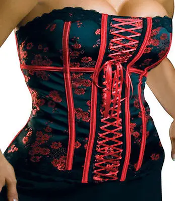

Lace Up Satin Black&Red Floral Corset Busiter Lingerie N41 QC