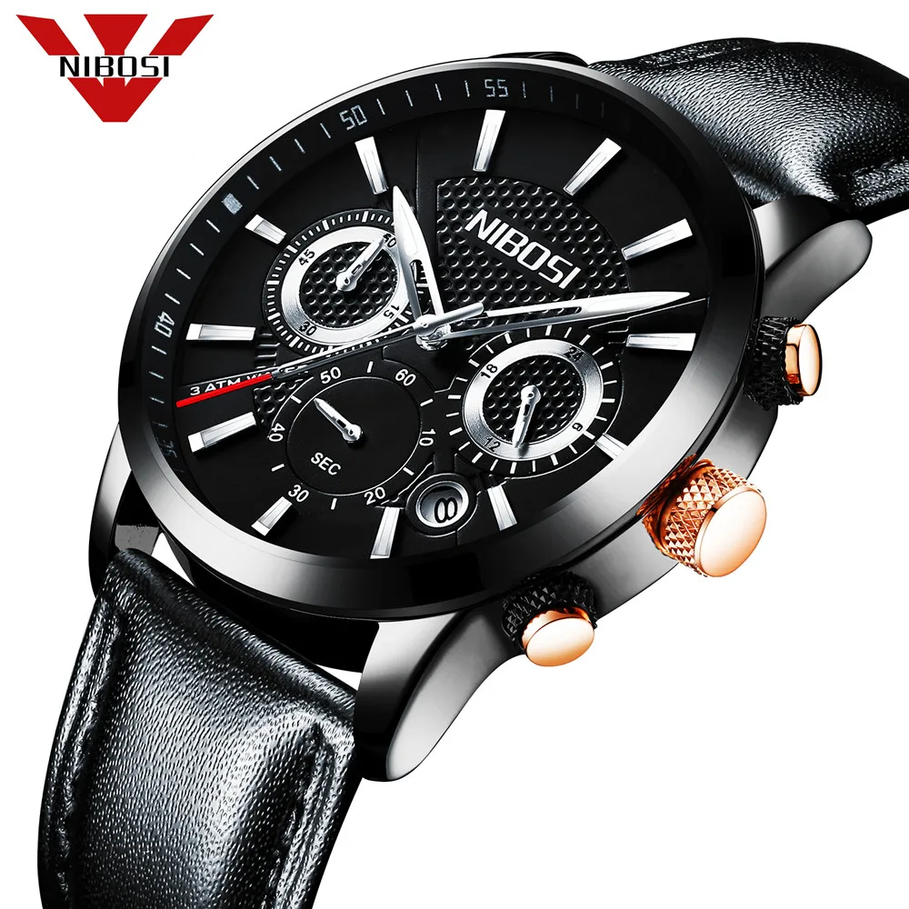 

Men Watches Luxury Brand NIBOSI Multi Function Mens Sport Quartz Watch Man Waterproof leather Business Clock Male Wrist Watch