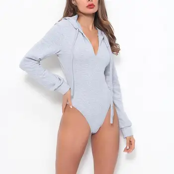 

Women Sexy Bodysuit Hooded Long Sleeves Romper Casual Tops Wear Spring New Girl Bodysuit Deep V Neck Basic Tops Solid Grey Femme