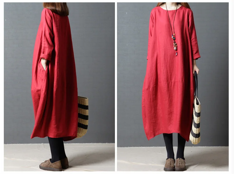 5007 Cotton Linen Dress Fabric Women Autumn Dress 2018 Plus Size Long Sleeve Oversize Casual Black Maternity Linen Dress Maxi Vintage 2