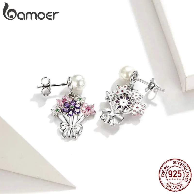 Ceny Bamoer bukiet kwiatów Dangle kolczyki dla kobiet biżuteria ślubna 925 srebro srebrno biały perłowy orki oryginalny Design BSE152