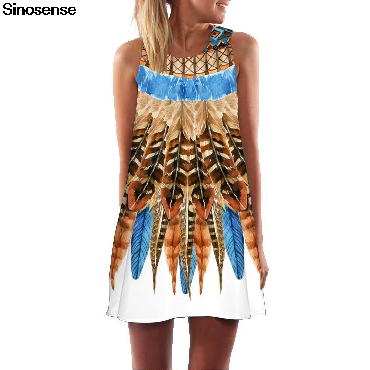 

Women Mini Summer Boho Beach Dress 2019 Feather Printed Vintage Holiday Vocation Loose Dress Casual Sleeveless Sexy Short Dress