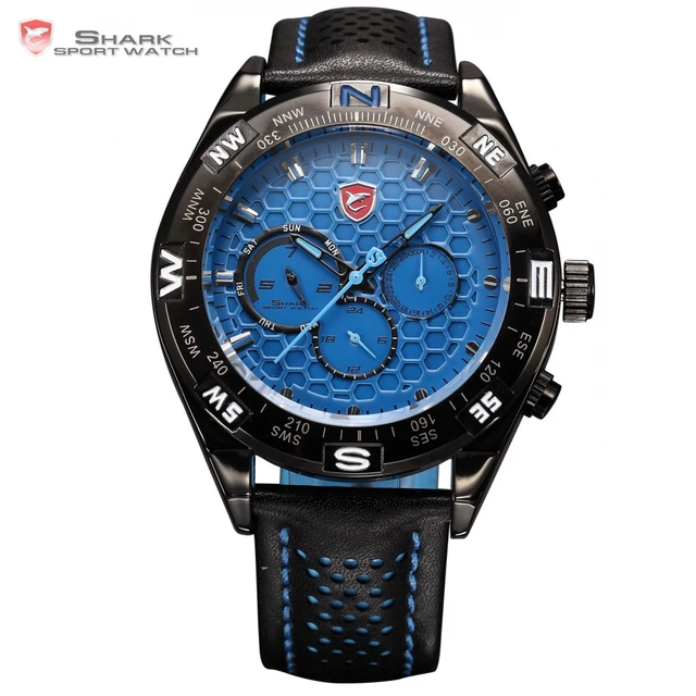 SHARK Sport Watch Blue 6 Hands Dual Time Date Day Display Calendar