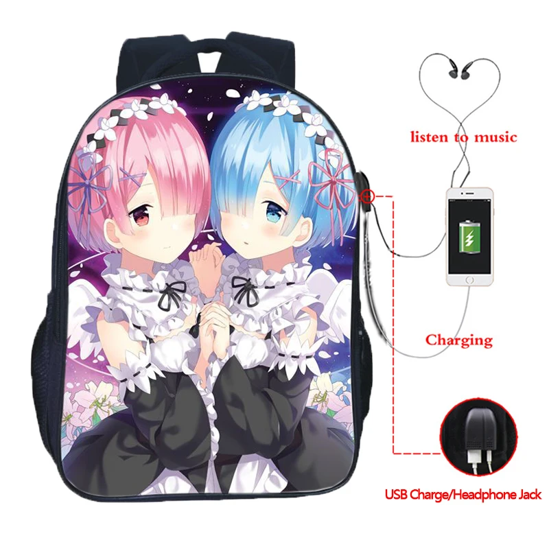 Re Zero Hajimeru Isekai Seikatsu Rem USB зарядка школьные сумки для студентов мальчиков девочек Школьный рюкзак - Цвет: 13