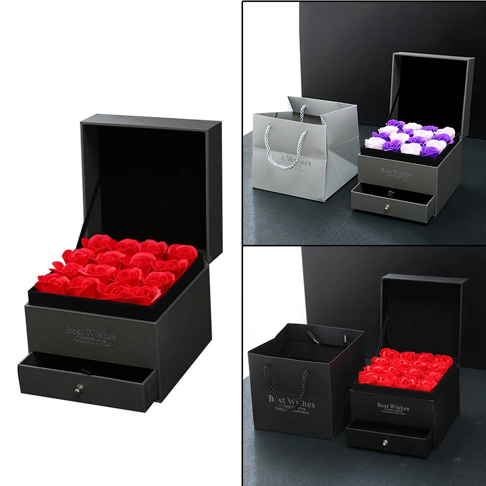 

16Pcs Scented Rose Flower Petal Bath Body Soap Valentine's Day Wedding Party Gifts with double drawer Gift Ring box