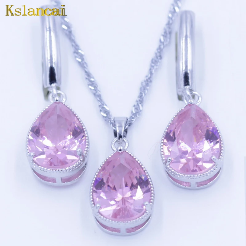 

925 Sterling Sliver Jewelry Sets 8 Colors Crystal AAA Cubic Zirconia Necklace Pendant Earrings For Women Wedding Gift Wholesale