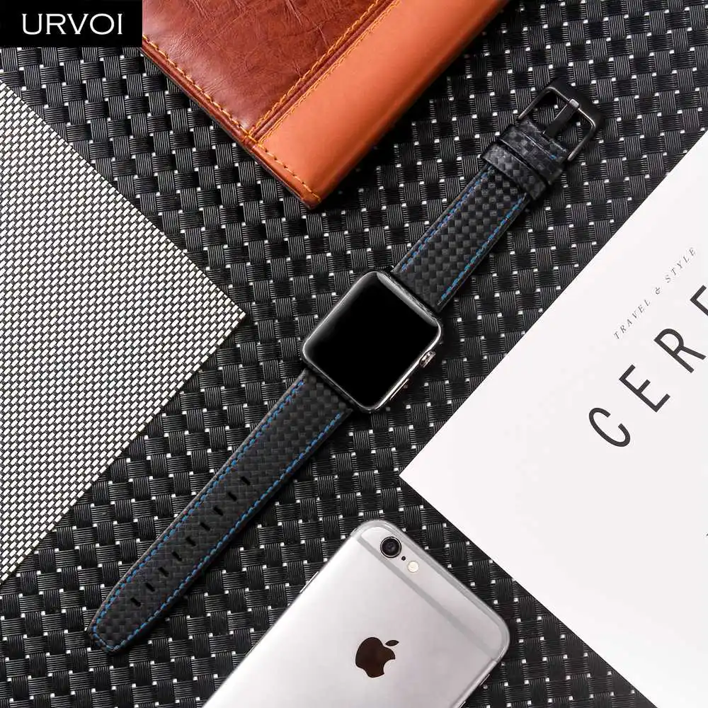 Кожаный ремешок URVOI из углеродного волокна для Apple Watch серии 5 4 3 2 1 ремешок для iwatch из нержавеющей стали с пряжкой CFRP стиль