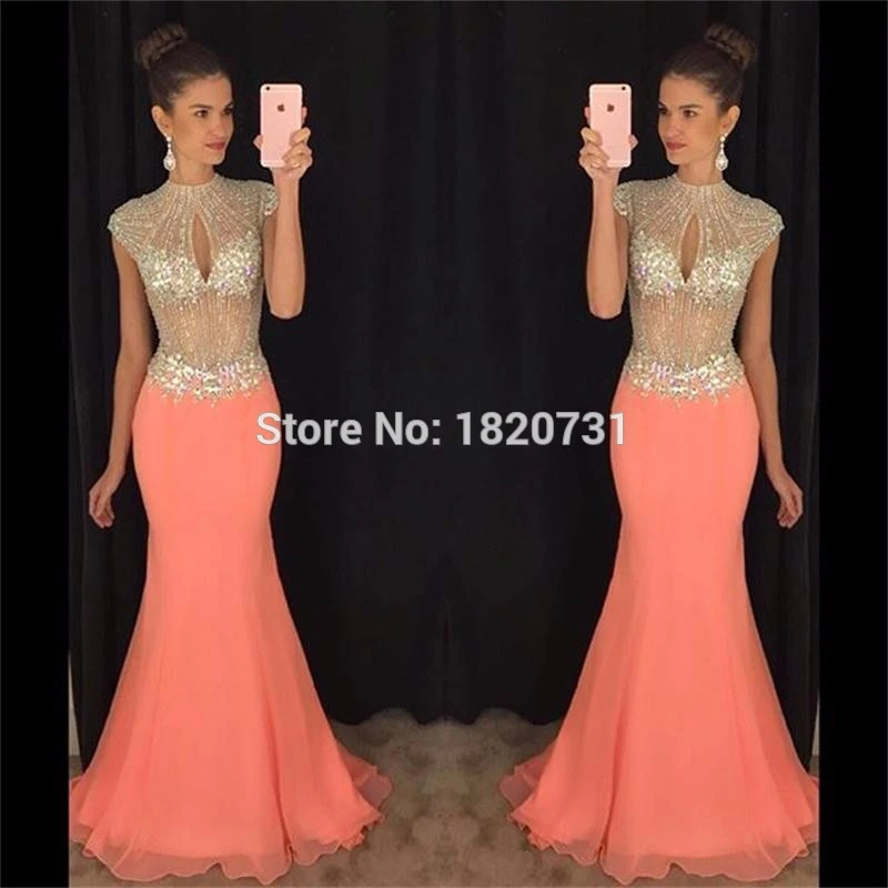 red prom dress 2020 Stunning High Neck Crystals Beading Sexy See Through Prom Party Dresses Cap Sleeve Mermaid Long Chiffon Party Gowns pretty prom dresses