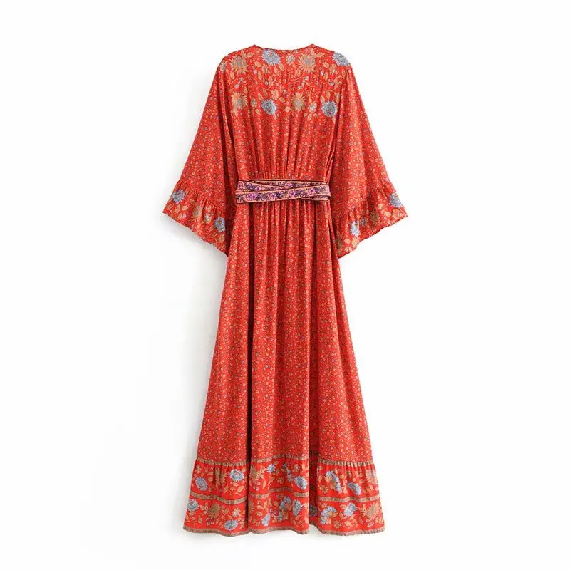 Винтажное шикарное женское однобортное пляжное богемное Макси-платье с цветочным принтом, женское летнее платье в богемном стиле с v-образным вырезом и поясом, vestidos